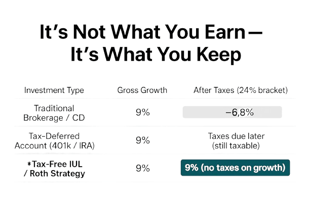 It's not what you earn, it's waht you keep. 9% growth from a traditional account will net 6.8%. 9% growth from an IUL will net 9%